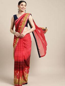 Sangam Prints - Pink Georgette Lace Work Daily Wear Saree with Unstitched Blouse