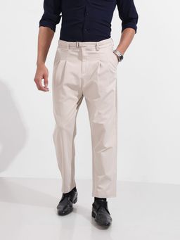 The Indian Garage Co - Men Relaxed Fit Solid Mid-Rise Trousers with Belt