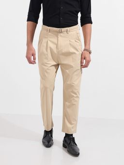 The Indian Garage Co - Men Relaxed Fit Solid Mid-Rise Trousers with Belt
