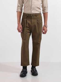 The Indian Garage Co - Men Relaxed Fit Solid Mid-Rise Trousers with Belt