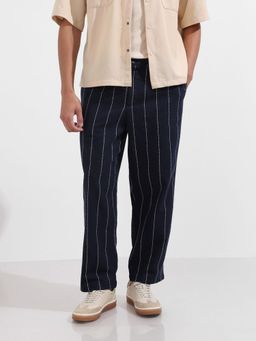 The Indian Garage Co - Men Relaxed Fit Vertical Striped Mid-Rise Trousers