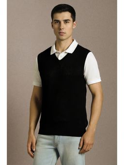 Louis Philippe - Men Black Textured V Neck Sleeveless Sweater