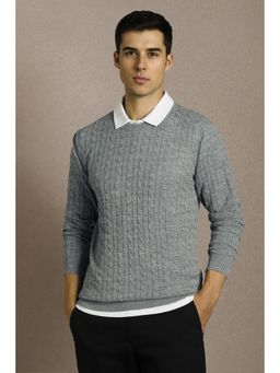 Louis Philippe - Men Grey Textured Crew Neck Full Sleeves Sweater