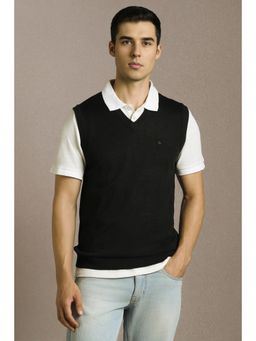 Louis Philippe - Men Black Solid V Neck Sleeveless Sweater