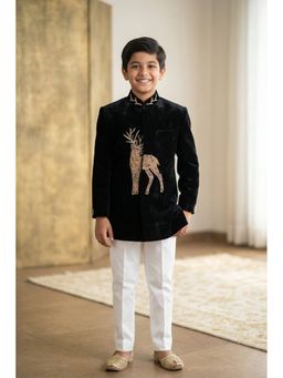 Lagorii - Black Velvet Embroidered Bandhgala Collar Jodhpuri Kurta Set