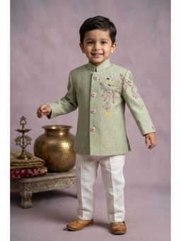 Lagorii - Kids Pista Green Bird Embroidered Floral Detail Jodhpuri Kurta Set