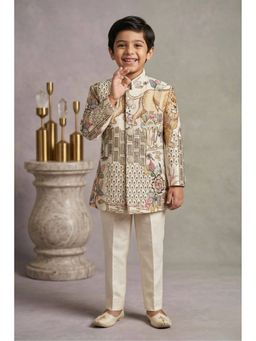 Lagorii - Boys Cream Printed Lion Motif And Embroidered Jodhpuri Kurta Set