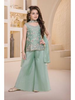 Lagorii - Pista Green Embroidered Georgette Top and Palazzo With Dupatta