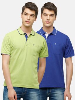Classic Polo - Men Solid Green & Navy Blue Cotton Blend Regular Fit Polo T-Shirts (Pack of 2)