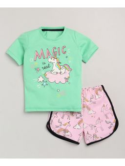 Lazy Shark - Girls Green and Pink Printed Cotton T-Shirt with Shorts (Set of 2)