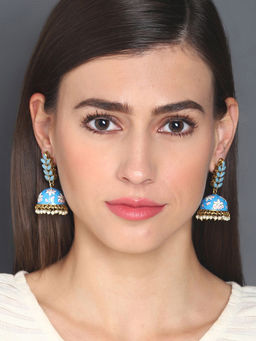 Sohi - Blue White Gold Plated Meenakari Jhumkas