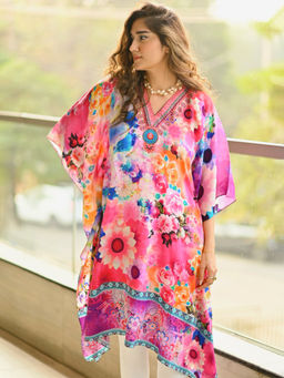 First Resort by Ramola Bachchan - Multicoloured Botanical Print Silk Kaftan Tunic