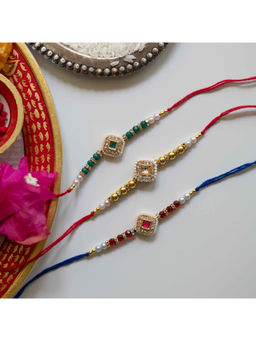 Ribbon Candy - Multi-Color Rakhis Handmade Kundan Charm (Pack of 3)
