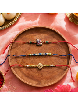 Ribbon Candy - Multi-Color Rakhis Radha Krishna, Kundan Charm and Evil eye beads (Pack of 3)