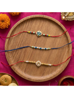 Ribbon Candy - Multi-Color Rakhis Ganesha, Kundan Charm and Evil eye beads (Pack of 3)