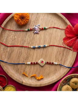 Ribbon Candy - Multi-Color Rakhis Krishna,Kundan Charm and Evil eye beads (Pack of 3)