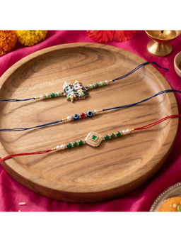 Ribbon Candy - Multi-Color Rakhis Radha Krishna,Kundan Charm and Evil eye beads (Pack of 3)