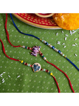 Ribbon Candy - Multi-Color Rakhis Ganesha, Krishna charms and Evil Eye beads (Pack of 3)