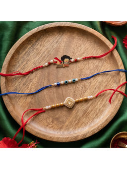 Ribbon Candy - Multi-Color Rakhis Kundann, Evil Eye, and 'Super Bro' Charm (Pack of 3)