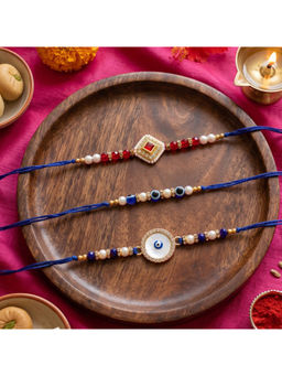Ribbon Candy - Multi-Color Rakhis Kundan Charm with Evil Eye Beads (Pack of 3)