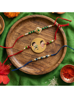 Ribbon Candy - Multi-Color Rakhis Metal, Kundan charm and Evil Eye Bead (Pack of 3)