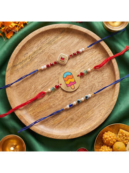 Ribbon Candy - Multi-Color Rakhis Metal, Kundan charm and Evil Eye Beads (Pack of 3)