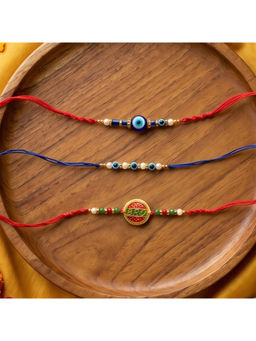Ribbon Candy - Multi-Color Rakhis 'Bro' Charm Rakhis and Evil Eye Beads (Pack of 3)