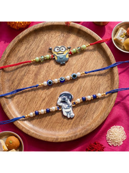 Ribbon Candy - Multi-Color Rakhis Cartoon, Astronaut charms and Evil eye beads (Pack of 3)