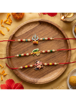 Ribbon Candy - Rakhis Handmade Lord Ganesha, Trishul and Peacock Feather Charms (Pack of 3)