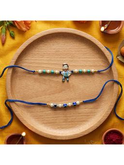 Ribbon Candy - Multi-Color Rakhis Football player charm and Evil eye beads (Pack of 2)
