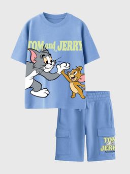Napchief - Unisex Blue Tom and Jerry High Five T-Shirt & Shorts (Set of 2)