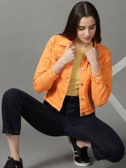 SHOWOFFFF - Women's Spread Collar Solid Orange Open Front Jacket
