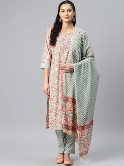 Readiprint - Straight Cotton Beige & Green Kurti & Bottom with Dupatta (Set of 3)