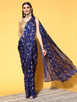 ISHIN - Womens Poly Georgette Navy Blue Foil Printed Saree with Unstitched Blouse