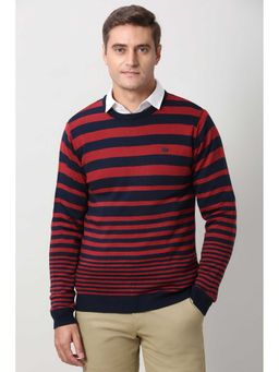 Peter England - Men Red Stripe Crew Neck Sweater
