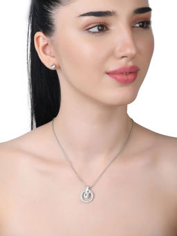 Lilly & Sparkle - Silver Toned Chain Crystal Studed Hollow Circular Pendant & Stud Earrings (Set of 2)