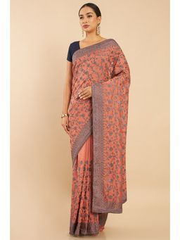 Soch - Women Orange Silk Embroidered Saree with Unstitched Blouse