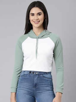 SHOWOFF - Womens Colourblocked Crop Hooded White Sweatshirt