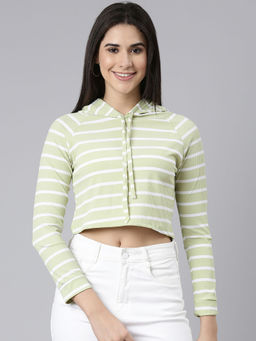 SHOWOFF - Womens Colourblocked Crop Hooded Olive Sweatshirt