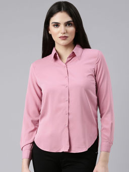 SHOWOFF - Womens Spread Collar Long Sleeves Solid Pink Opaque Shirt