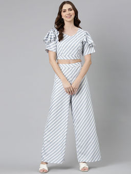 SHOWOFF - Womens Sweetheart Neck Short Sleeves Grey Striped Co-ords (Set of 2)