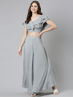 SHOWOFF - Womens V-neck Short Sleeves Grey Solid Co-ords (Set of 2)