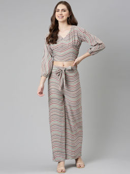 SHOWOFF - Womens V-neck Long Sleeves Multi Striped Co-ords (Set of 2)