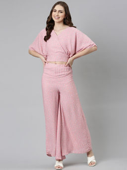 SHOWOFF - Womens V-neck Short Sleeves Pink Printed Co-ords (Set of 2)