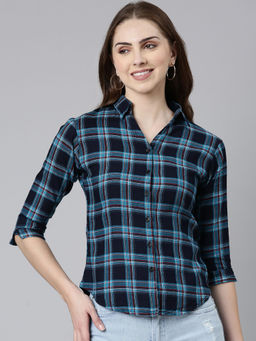 SHOWOFFFF - Womens Spread Collar Slim Fit Checked Navy Blue Shirt