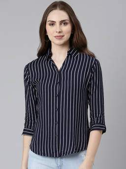 SHOWOFFFF - Womens Spread Collar Three-quarter Sleeves Striped Navy Blue Opaque Shirt