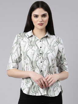SHOWOFFFF - Womens Spread Collar Long Sleeves Printed Green Opaque Shirt