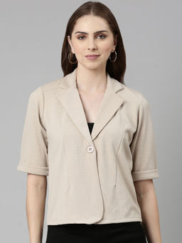 SHOWOFFFF - Womens Notched Lapel Short Sleeves Solid Beige Blazer