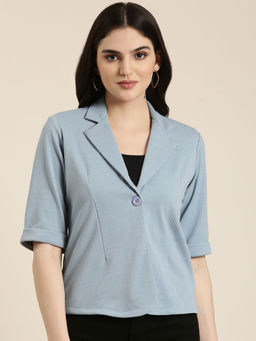 SHOWOFFFF - Womens Notched Lapel Short Sleeves Solid Blue Blazer