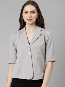 SHOWOFFFF - Womens Notched Lapel Short Sleeves Solid Grey Blazer
